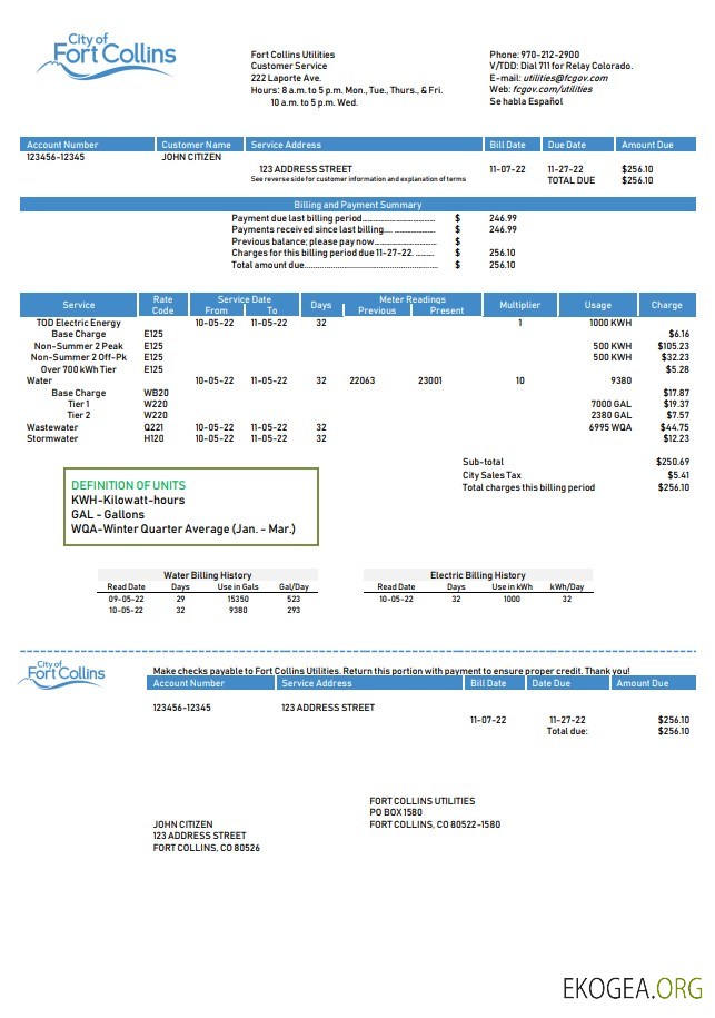 USA Colorado Fort Collins Utilities utility bill template in Word and PDF format